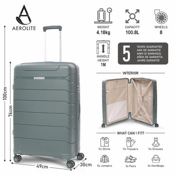 Aerolite 28” Large 100L Lightweight Polypropylene (PP) Check-In Suitcase – Hard Shell Luggage with Spinner Wheels, TSA Lock & Waterproof Pocket, Green